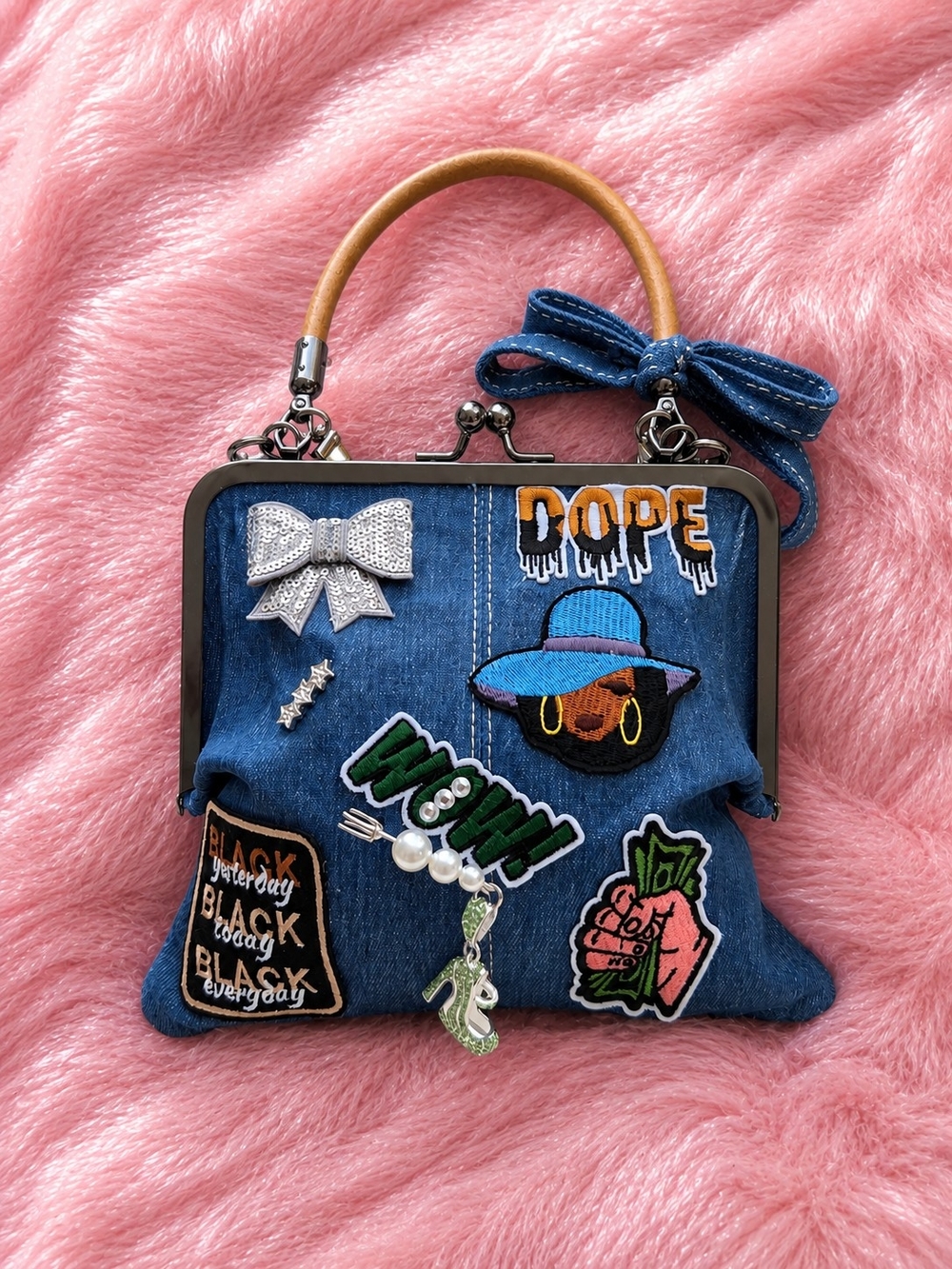 Denim Patchwork Kiss-Lock Purse with Bow